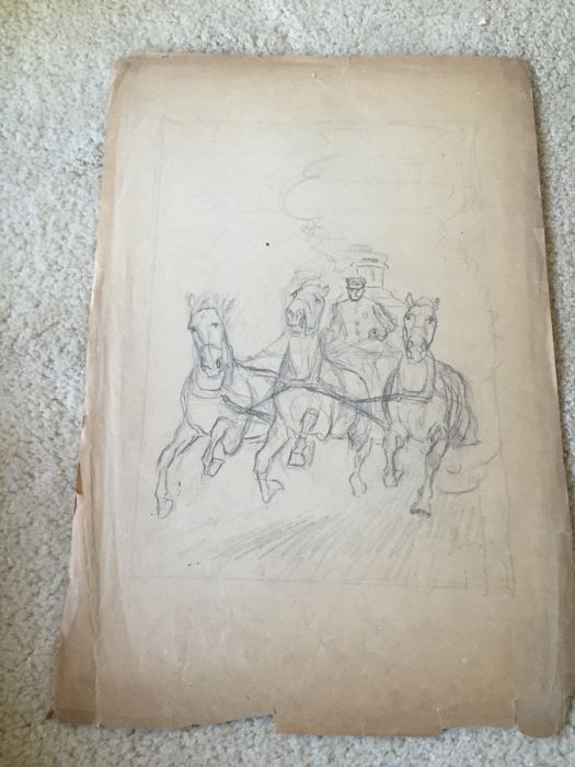 Original F. A. Carter (Fernando Carter) Sketch Of Horses, Man and Carriage