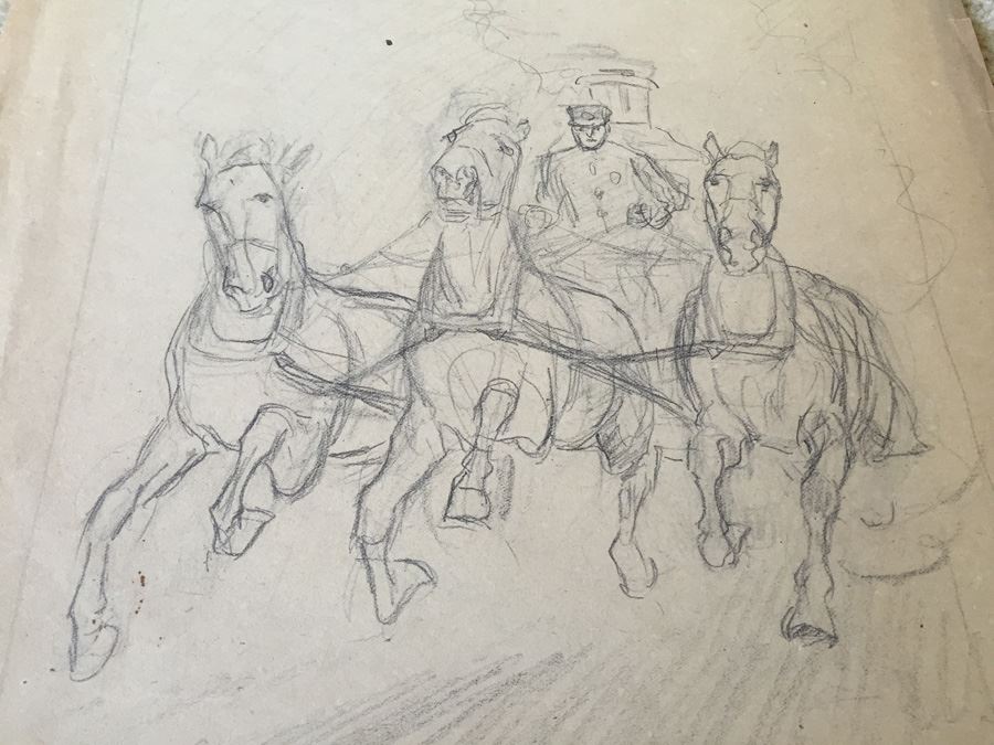 Original F. A. Carter (Fernando Carter) Sketch Of Horses, Man and Carriage [Photo 2]