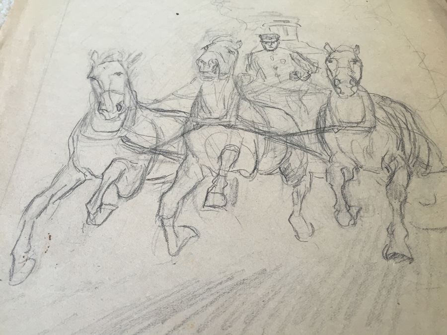 Original F. A. Carter (Fernando Carter) Sketch Of Horses, Man and Carriage [Photo 7]