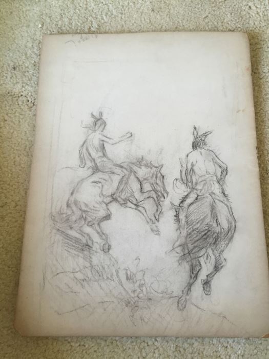 Original F. A. Carter (Fernando Carter) Sketch Of Men Riding Horses [Photo 1]