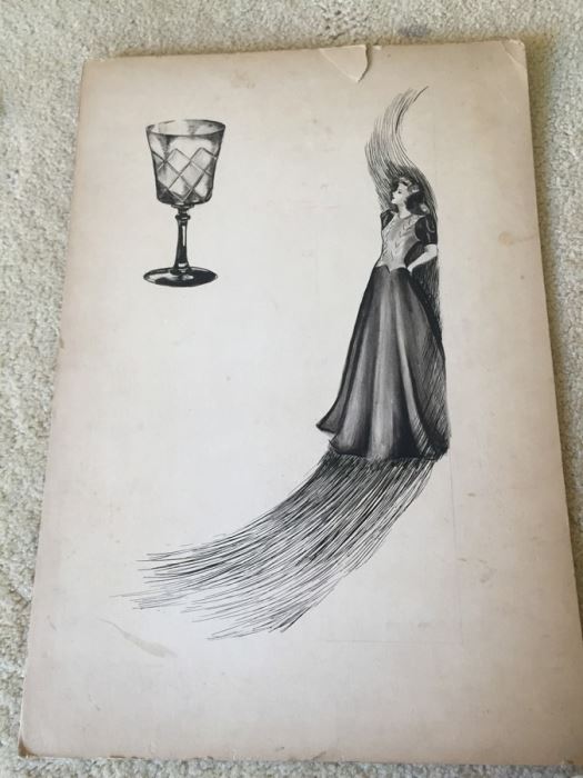 Original F. A. Carter (Fernando Carter) Sketch Of Woman In Dress And Glass [Photo 1]
