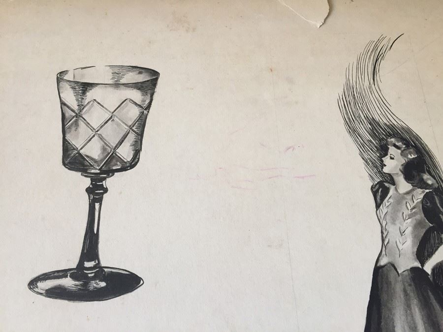 Original F. A. Carter (Fernando Carter) Sketch Of Woman In Dress And Glass [Photo 5]