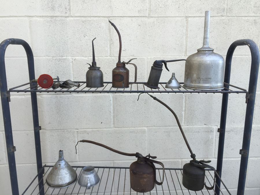 Huge Lot Of Vintage Oil Cans And Vintage Funnels [Photo 1]