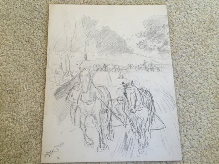Original F. A. Carter (Fernando Carter) Sketch Of Horses Men Working In Field [Photo 1]