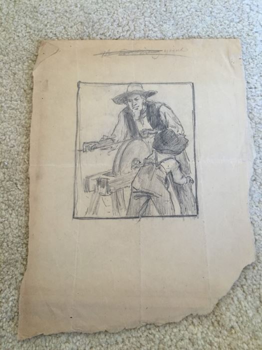 Original F. A. Carter (Fernando Carter) Sketch Of Man And Boy Using Grinding Wheel