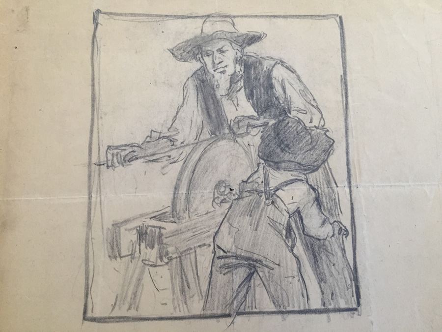 Original F. A. Carter (Fernando Carter) Sketch Of Man And Boy Using Grinding Wheel [Photo 2]