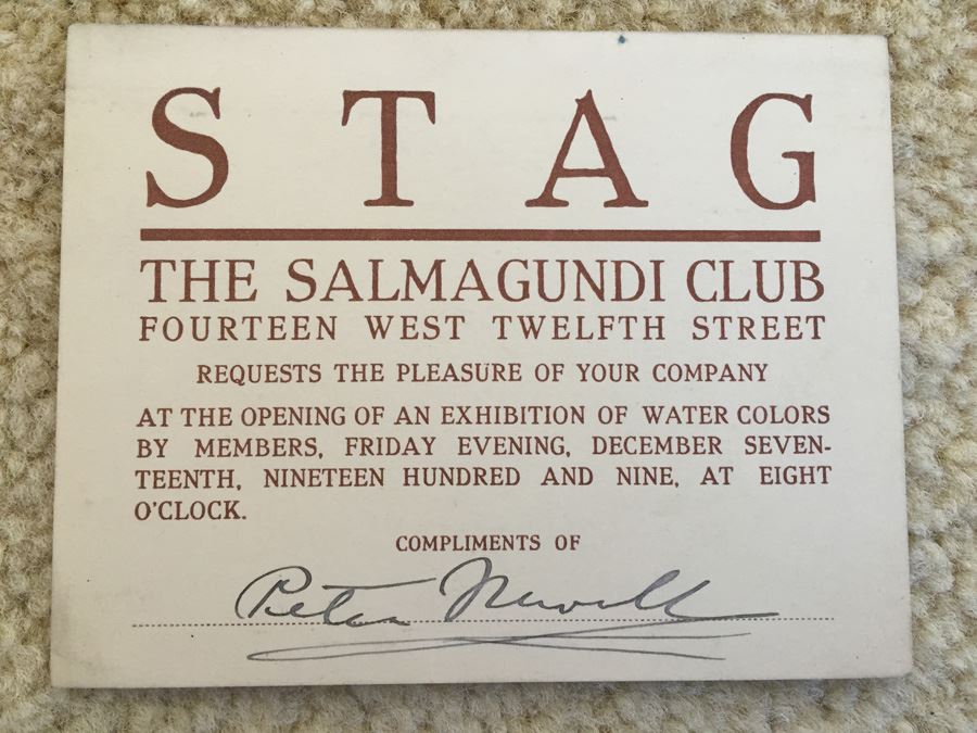 F. A. Carter (Fernando Carter) Original Artwork And Peter Newell Signed 1909 The Salmagundi Club Ticket For Exhibition Of Water Colors