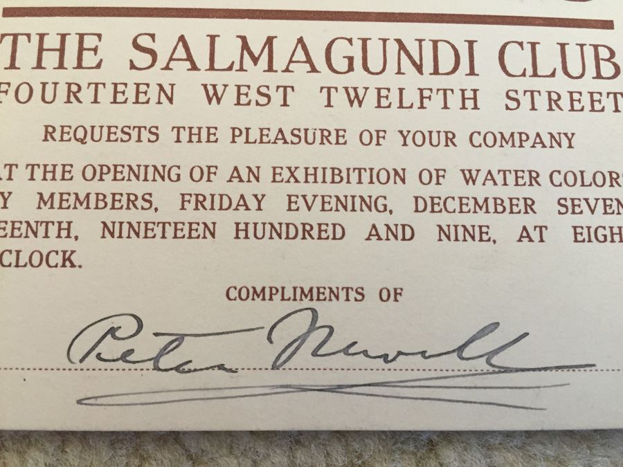 1909 STAG The Salmagundi Club Ticket For Exhibition Of Water Colors By Members Signed By Peter Newell Original Illustrator of Alice's Adventures in Wonderland [Photo 2]