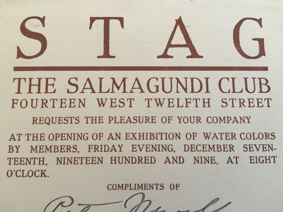 1909 STAG The Salmagundi Club Ticket For Exhibition Of Water Colors By Members Signed By Peter Newell Original Illustrator of Alice's Adventures in Wonderland [Photo 3]