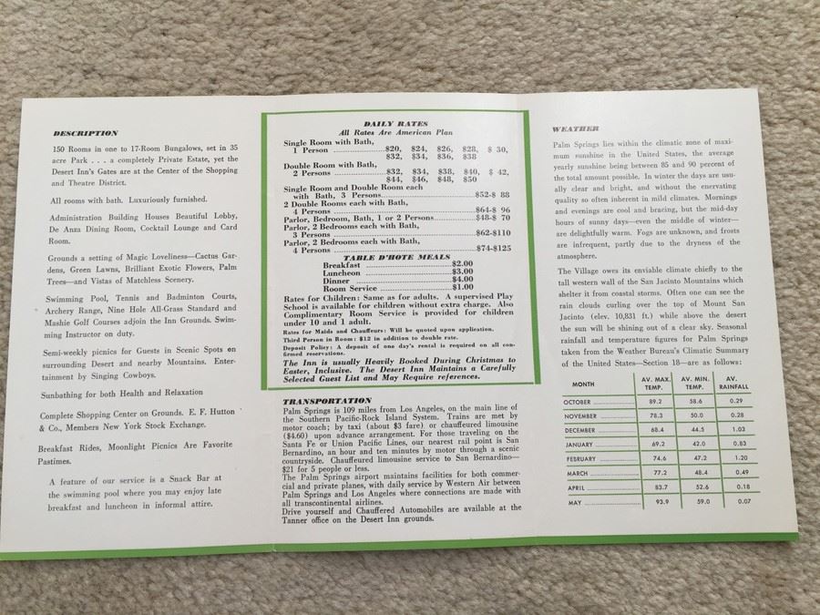 Rates And Information Pamphlet From The Desert Inn Palm Springs California [Photo 3]