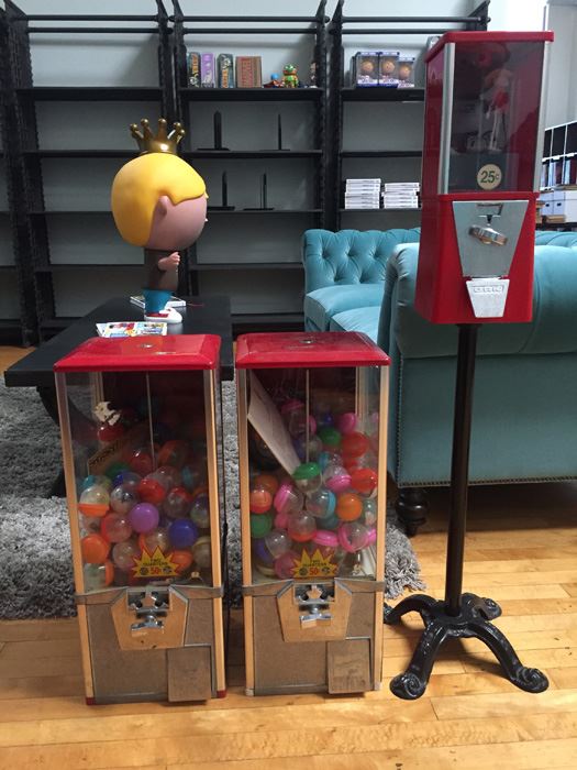 (3) Coin-Operated Bubble Gum Machines - One Has A Stand