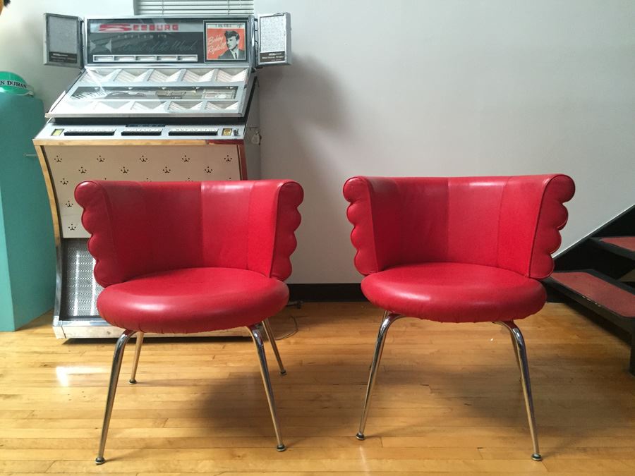 Pair Of Red Leather And Chrome Retro Alivar Chairs