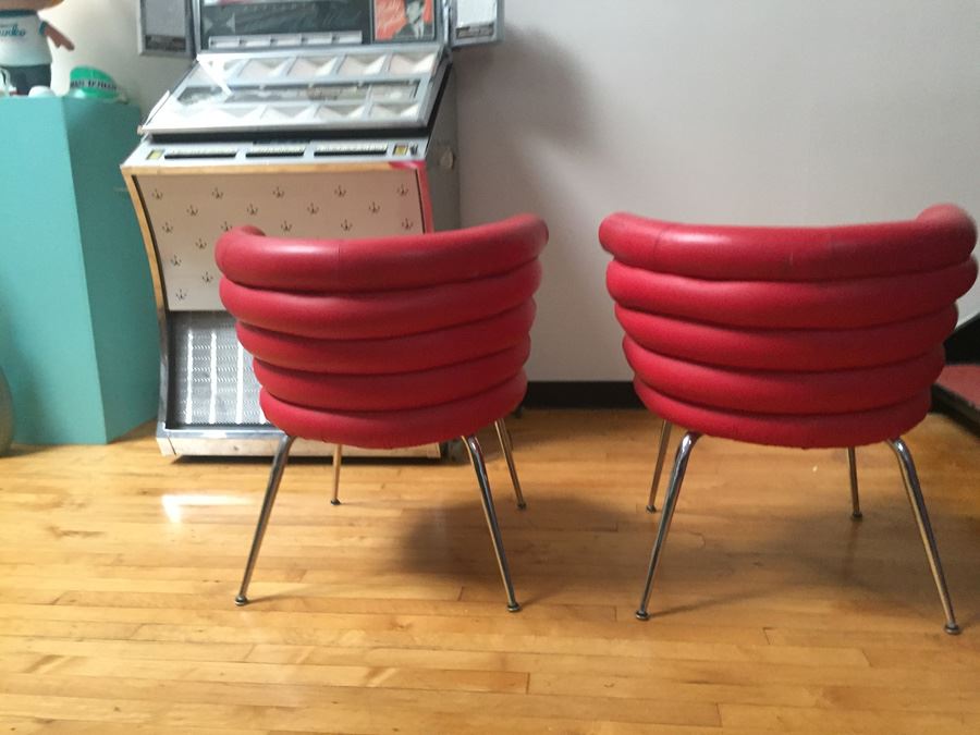 Pair Of Red Leather And Chrome Retro Alivar Chairs [Photo 4]