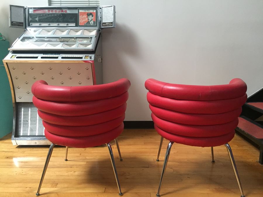 Pair Of Red Leather And Chrome Retro Alivar Chairs [Photo 2]