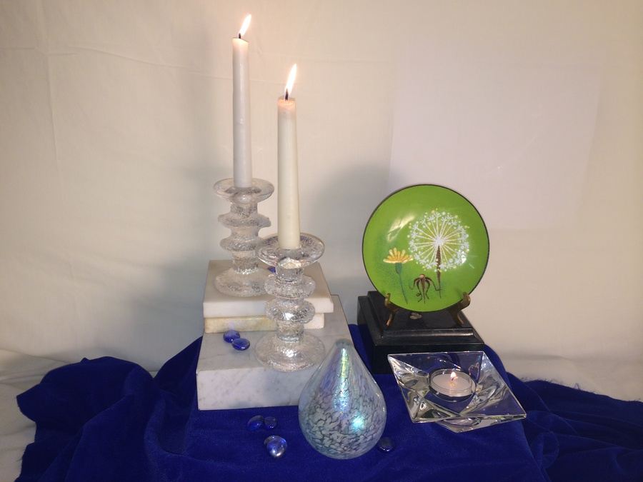 (3) Candleholders, Plate, and Decorative Glass Lot