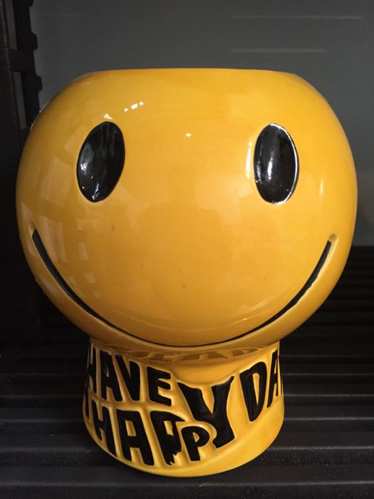 1970's Mccoy Smiley Face Ceramic Cookie Jar Yellow 'Have a Happy Day' Missing Lid