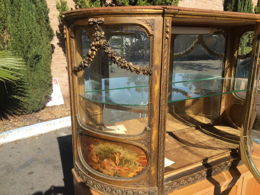 Antique French Gilt Wood Curved Glass Curio Cabinet [Photo 13]