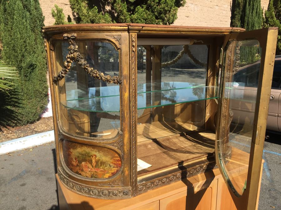 Antique French Gilt Wood Curved Glass Curio Cabinet [Photo 12]