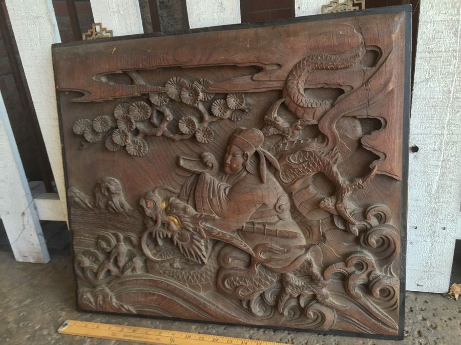 Asian Wood Carving Depicting Warrior And Dragon Serpent [Photo 5]