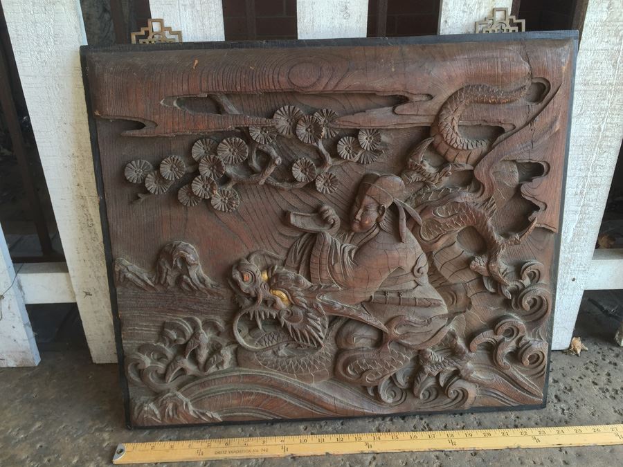 Asian Wood Carving Depicting Warrior And Dragon Serpent