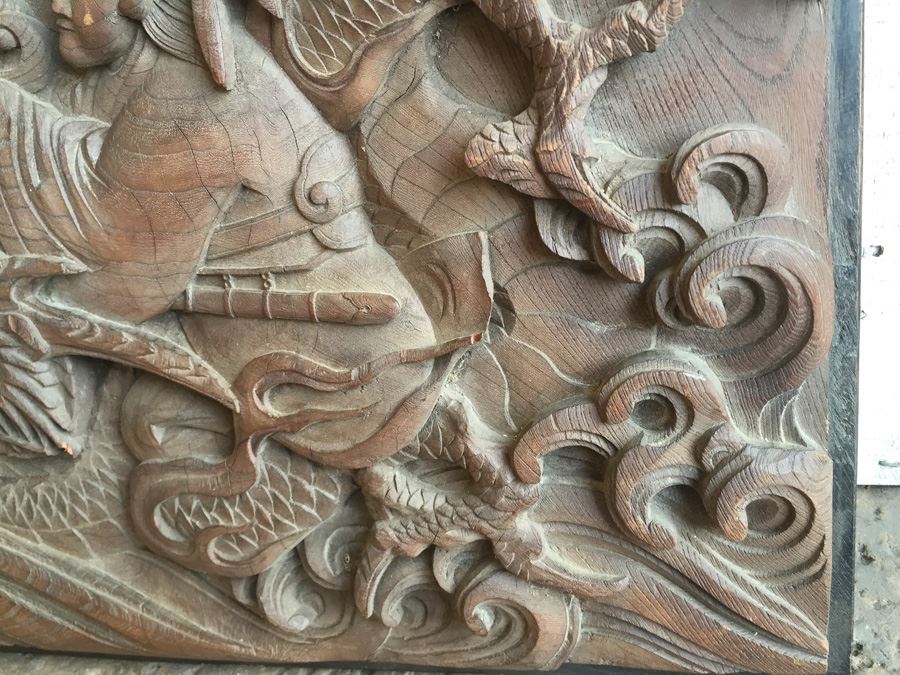 Asian Wood Carving Depicting Warrior And Dragon Serpent [Photo 11]