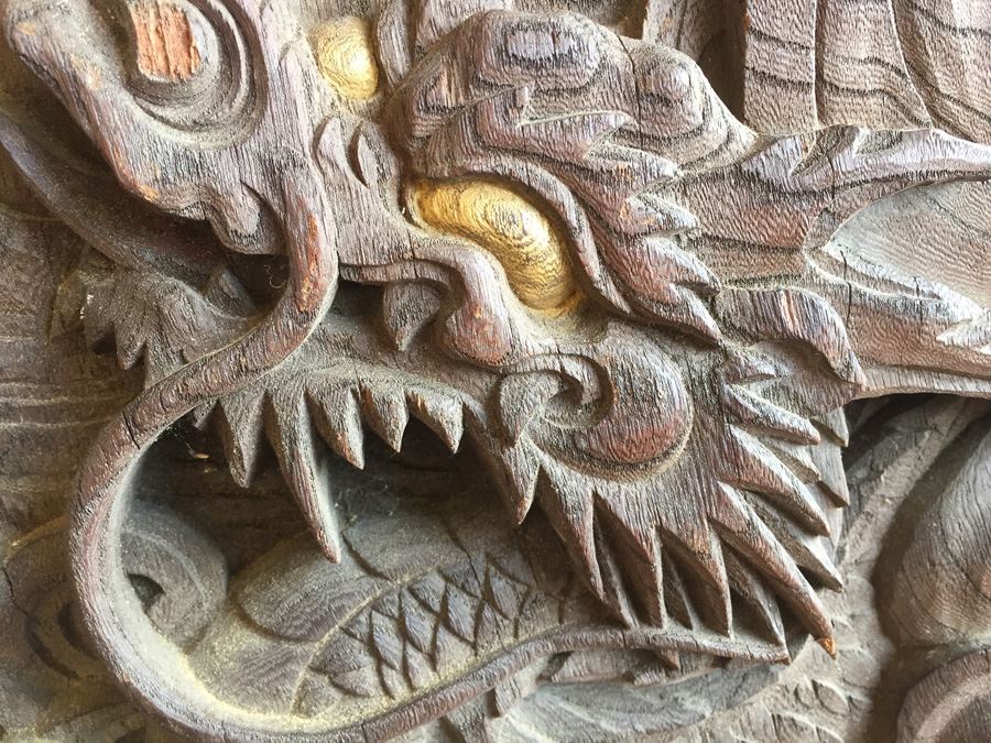 Asian Wood Carving Depicting Warrior And Dragon Serpent [Photo 17]