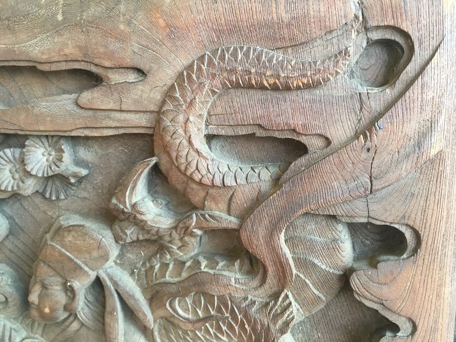 Asian Wood Carving Depicting Warrior And Dragon Serpent [Photo 10]
