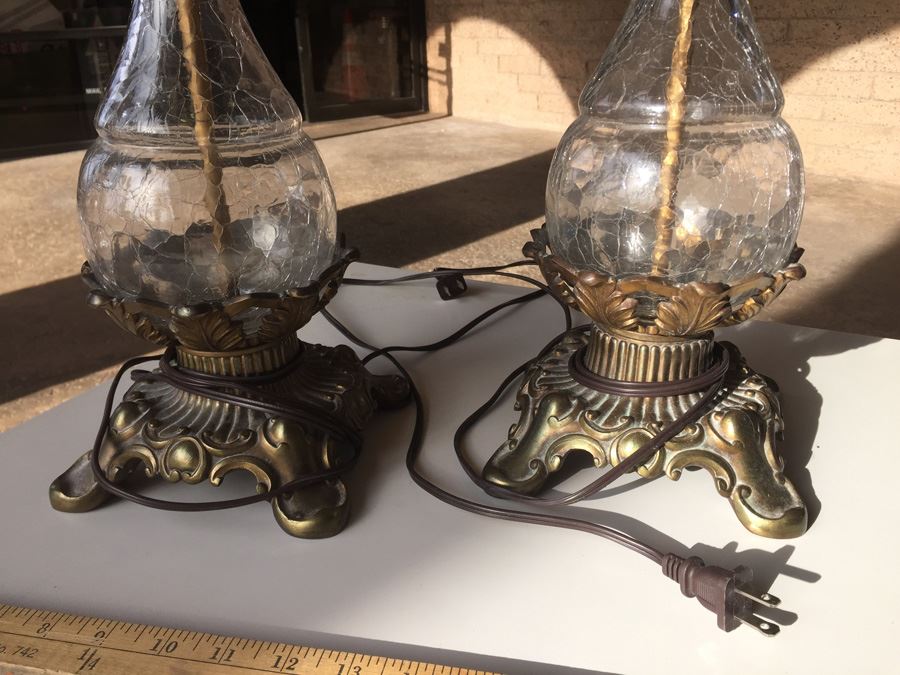 Pair Of Vintage Crackle Glass Lamps [Photo 5]