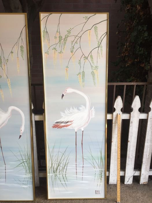Pair Of Large Original Paintings Of Flamingos Signed By H Park [Photo 5]