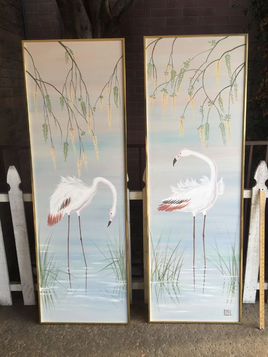 Pair Of Large Original Paintings Of Flamingos Signed By H Park