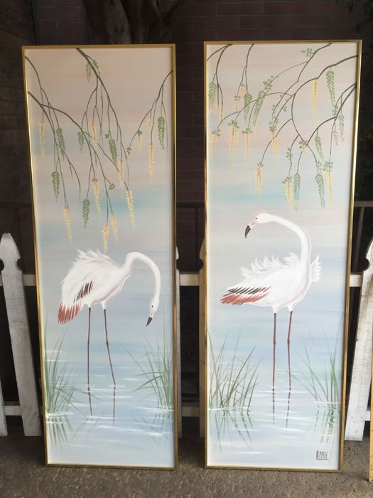 Pair Of Large Original Paintings Of Flamingos Signed By H Park [Photo 4]