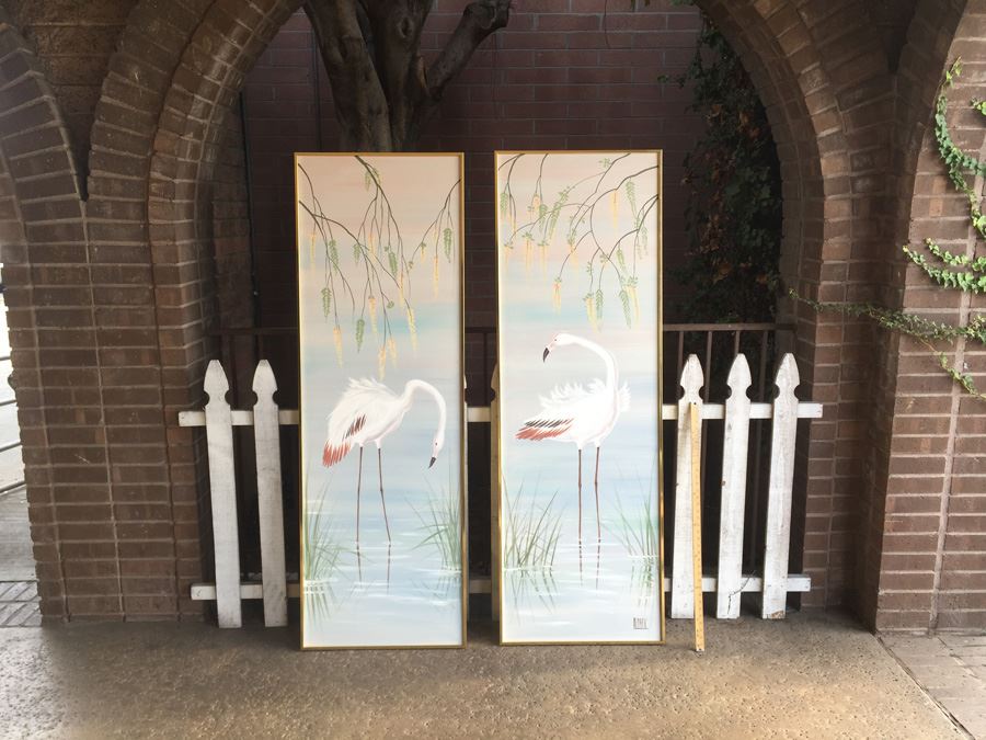Pair Of Large Original Paintings Of Flamingos Signed By H Park [Photo 2]