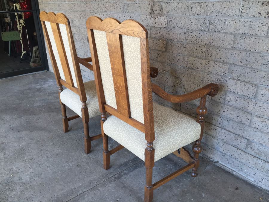 Pair Of Vintage Quartersawn Oak Upholstered Chairs [Photo 3]