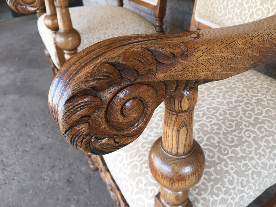 Pair Of Vintage Quartersawn Oak Upholstered Chairs [Photo 5]