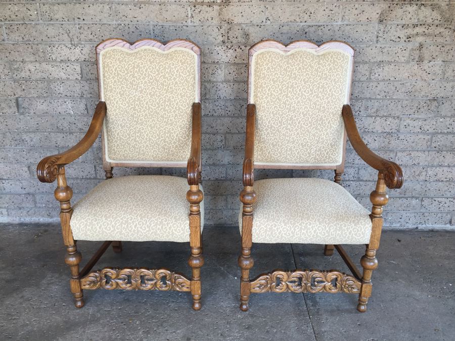Pair Of Vintage Quartersawn Oak Upholstered Chairs [Photo 1]