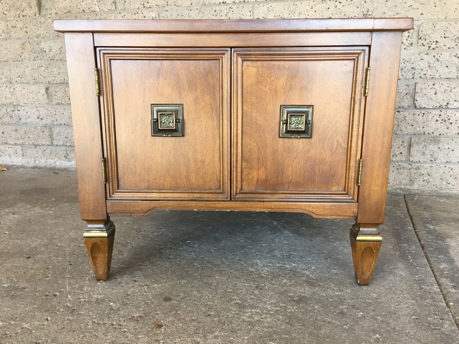 Vintage Burl Wood Side Table With Storage And Doors [Photo 1]
