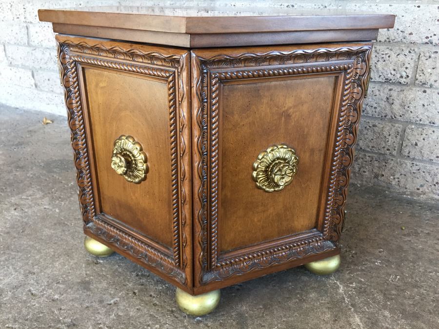 Vintage Burl Wood Side Table With Storage And Doors [Photo 1]