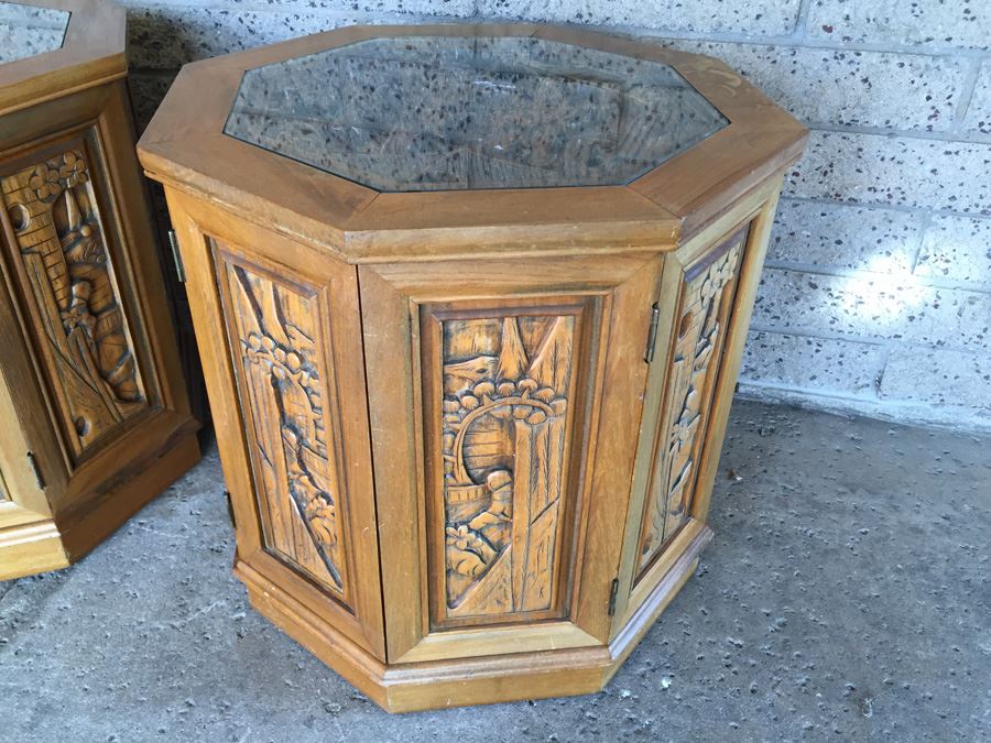 Pair Of Asian Carved Wood End Tables [Photo 4]