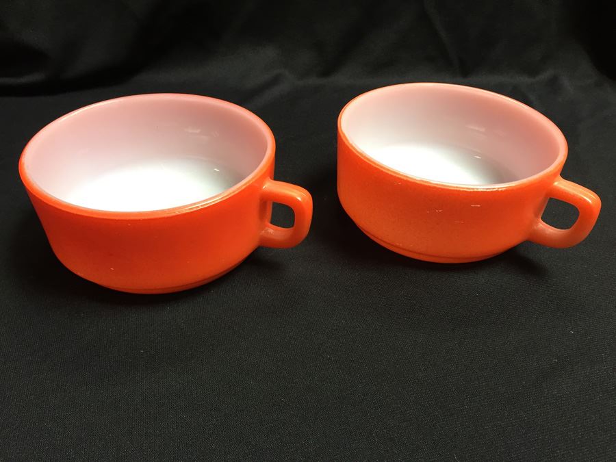 Pair Of Vintage Fire King Orange Bowl Cup With Handle