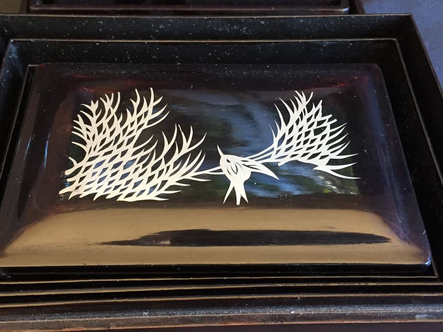Silver Inlay Chinese Lacquer Nesting Boxes Foochow 5 Boxes [Photo 11]