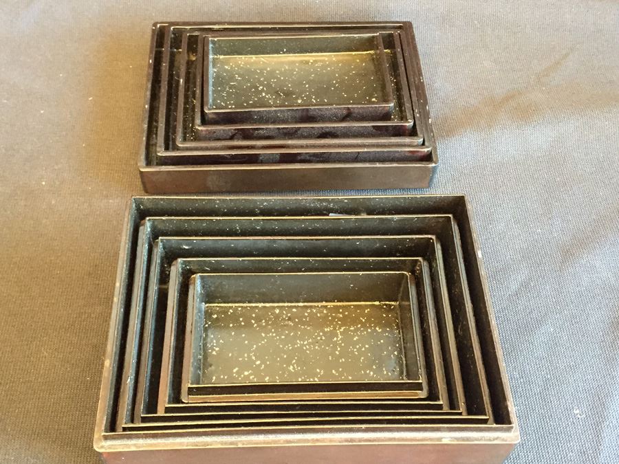 Silver Inlay Chinese Lacquer Nesting Boxes Foochow 5 Boxes [Photo 2]