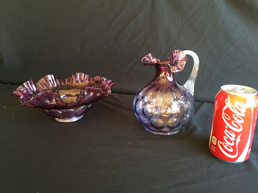 Purple Glass Lot With Fluted Rim Pitcher And Bowl Fenton