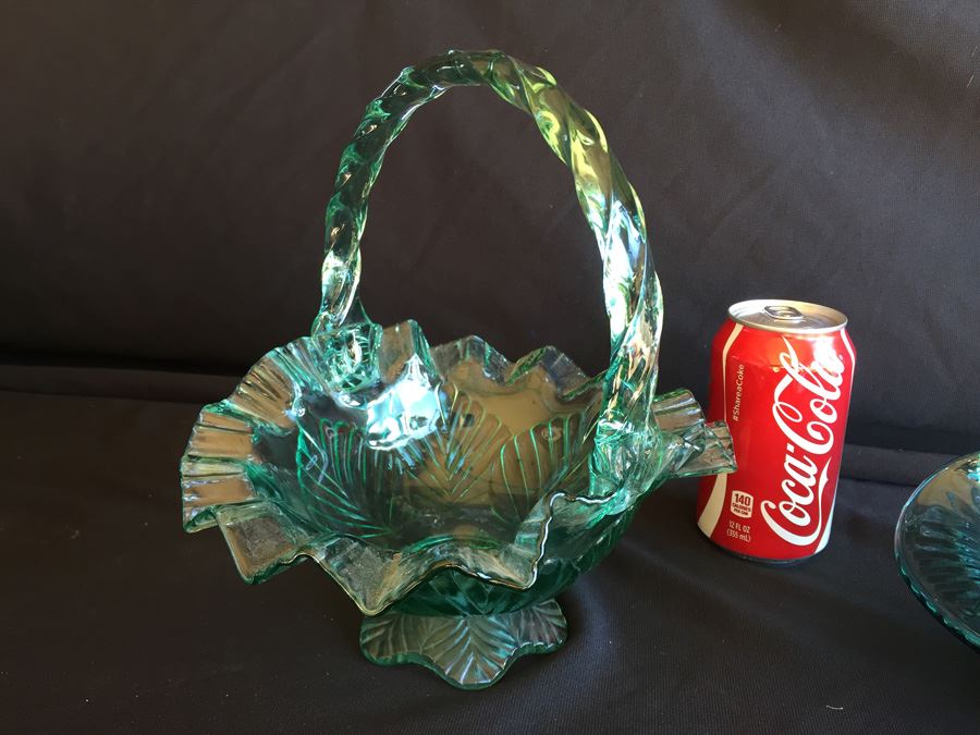 Pair Of Green Fenton Glass Baskets [Photo 3]
