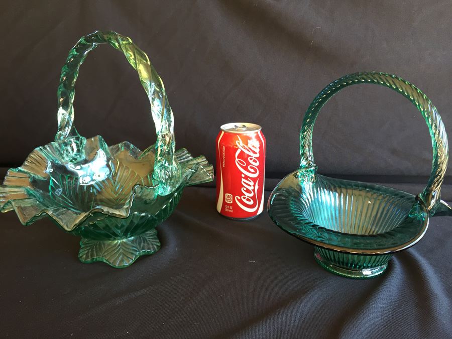 Pair Of Green Fenton Glass Baskets [Photo 1]