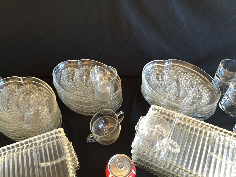 Huge Collection Of Hazel Atlas Glass Candlewick Boopie Luncheon Appetizer Plates & Glasses With Cigarette Holder And Federal Glass Plates & Glasses [Photo 3]