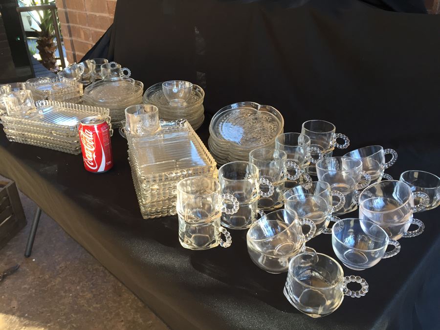 Huge Collection Of Hazel Atlas Glass Candlewick Boopie Luncheon Appetizer Plates & Glasses With Cigarette Holder And Federal Glass Plates & Glasses [Photo 1]