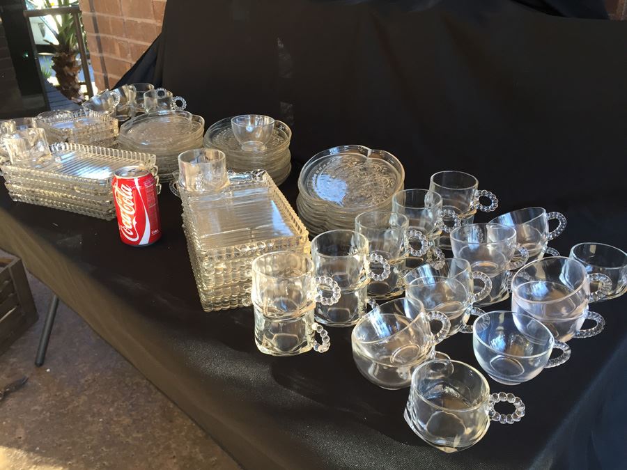 Huge Collection Of Hazel Atlas Glass Candlewick Boopie Luncheon Appetizer Plates & Glasses With Cigarette Holder And Federal Glass Plates & Glasses