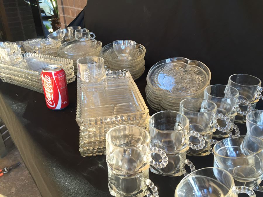 Huge Collection Of Hazel Atlas Glass Candlewick Boopie Luncheon Appetizer Plates & Glasses With Cigarette Holder And Federal Glass Plates & Glasses [Photo 5]