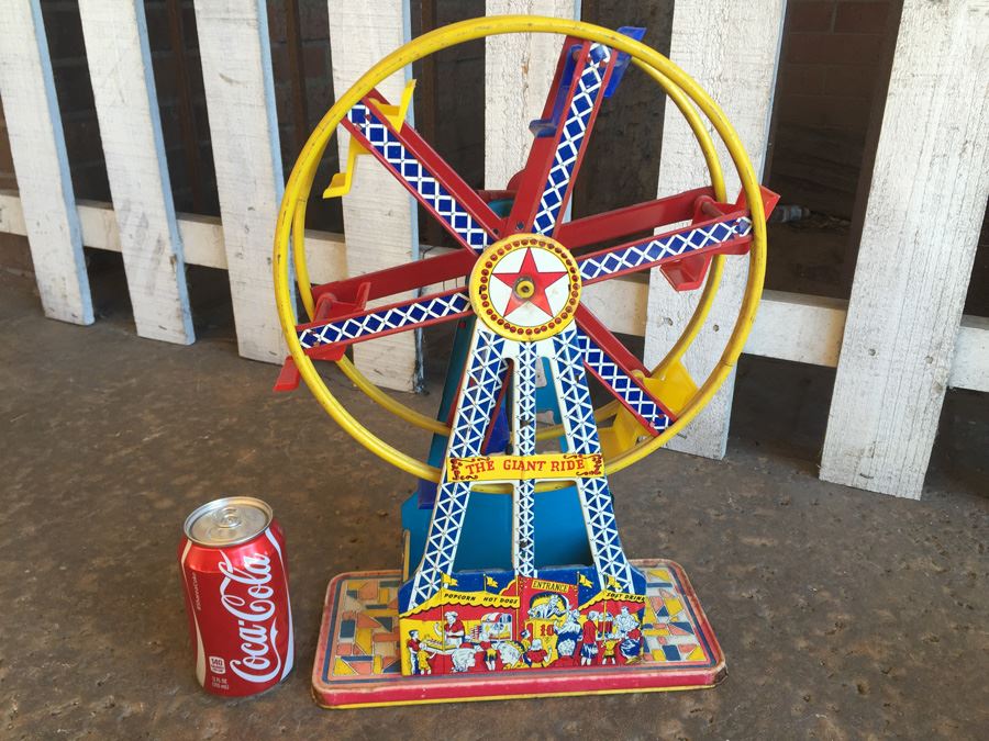 The Ohio Art Co Wind Up Tin Litho Ferris Wheel WORKING 'The Giant Ride' Estimate $75-$150 [Photo 14]