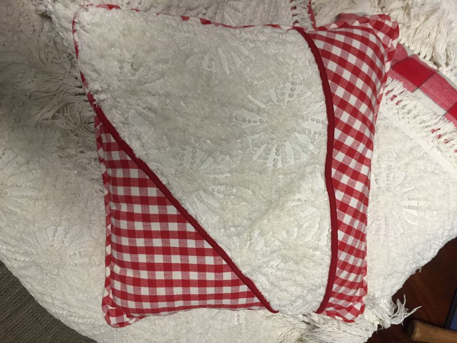 Vintage Arm Chair Upholstered With A Vintage Chenille Bedspread - Comes With 3 Pillows [Photo 17]